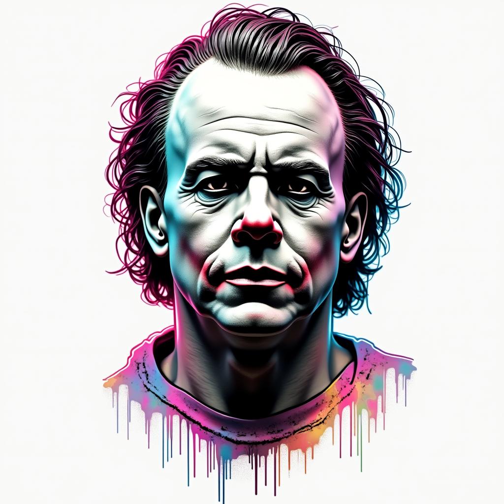 Michael myersin distorted and fragmented tattoo design, featuring a classical statue bust, in a glitch art style with vibrant, overlapping colors of cyan, magenta, and yellow, creating a digital distortion effect - Variation 2