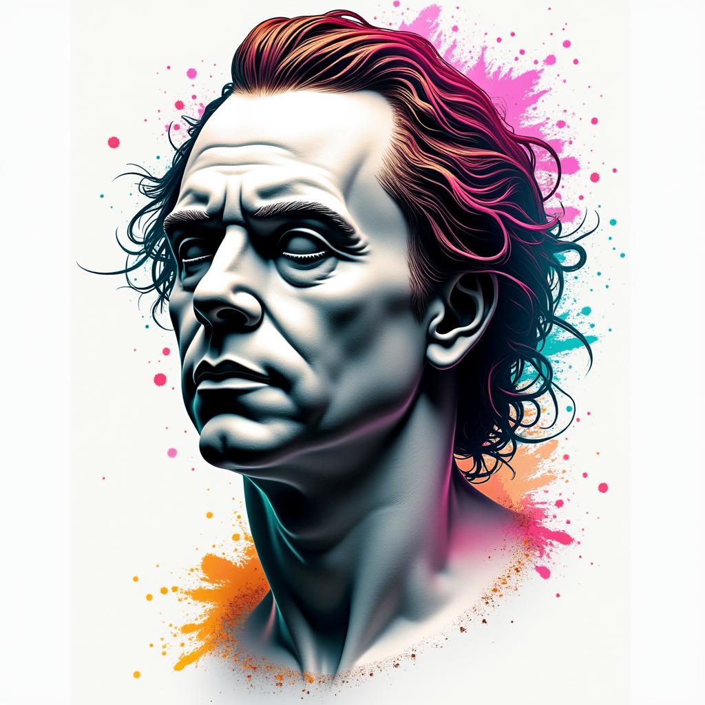 Michael myersin distorted and fragmented tattoo design, featuring a classical statue bust, in a glitch art style with vibrant, overlapping colors of cyan, magenta, and yellow, creating a digital distortion effect - Variation 3