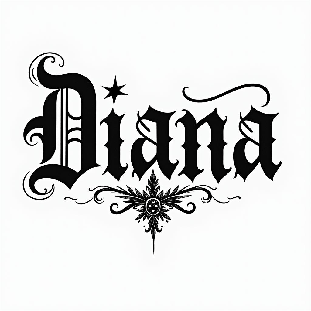 Dianatext-based tattoo, gothic font ultra-realistic, perfectly placed, high-quality font design, photo-realistic shading, 8k, high quality, finely detailed typography