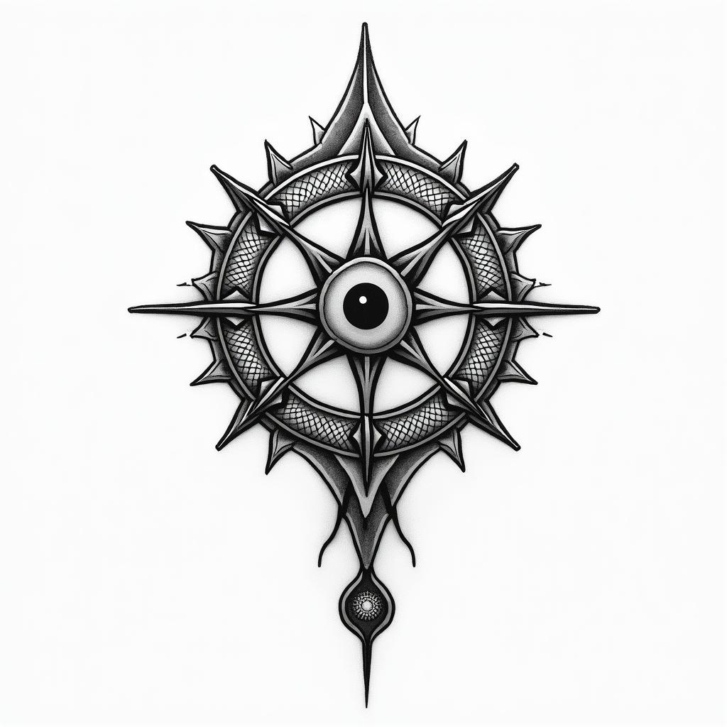 Ricardoin spiritual symbols tattoo style, featuring an intricate design incorporating elements, Hamsa hand, third eye, minimalist composition