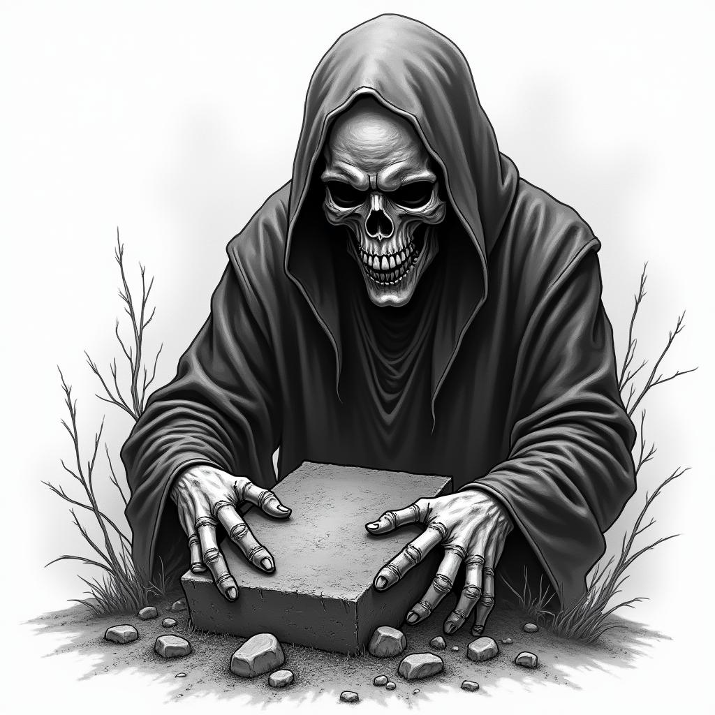 Sad grim reaper looking over grave in horror tattoo style, showcasing haunting and unsettling, dark and gritty textures with skulls, eerie faces, jgged designs, bold and intense shading - Variation 4