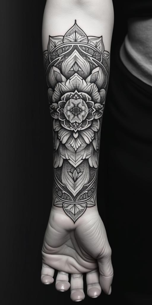 arm cover up, mother of 3 kids relating to a phoenixin dotwork style tattoo, complex mandala patterns, interlocking geometric shapes with sharp symmetry, clean lines, sharp angles