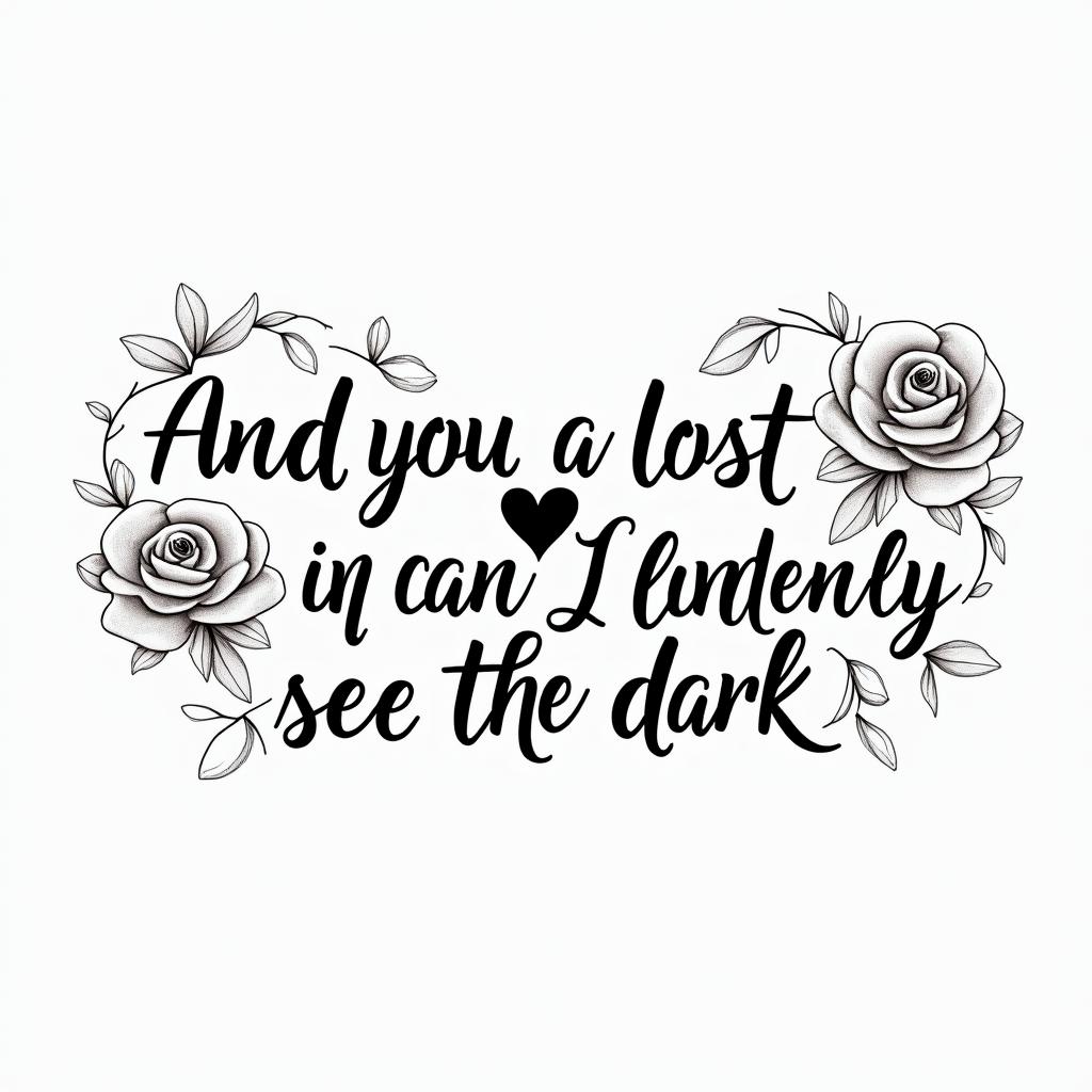 and if you get lost in the light it’s okay, i can see in the darkin elegant cursive calligraphy style 2d tattoo, decorate with roses, featuring a smooth and flowing handwritten script with slightly thickened strokes for a luxurious and bold appearance,  heart symbol between names,  sleek and glossy black text with shadowing, minimalist matte white background, clean and sharp edges, illuminated with soft lighting, romantic, 8k, high-quality textures with refined typography - Variation 4