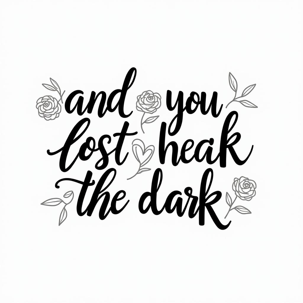 and if you get lost in the light it’s okay, i can see in the darkin elegant cursive calligraphy style 2d tattoo, decorate with roses, featuring a smooth and flowing handwritten script with slightly thickened strokes for a luxurious and bold appearance, heart symbol between names, sleek and glossy black text with shadowing, minimalist matte white background, clean and sharp edges, illuminated with soft lighting, romantic, 8k, high-quality textures with refined typography