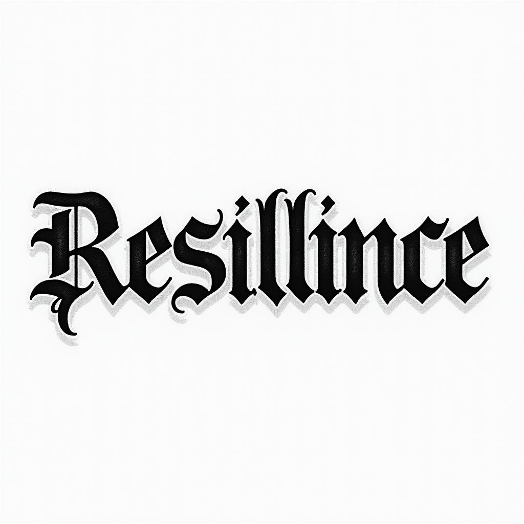 Resiliencetext-based tattoo, gothic font ultra-realistic, perfectly placed, high-quality font design, photo-realistic shading, 8k, high quality, finely detailed typography