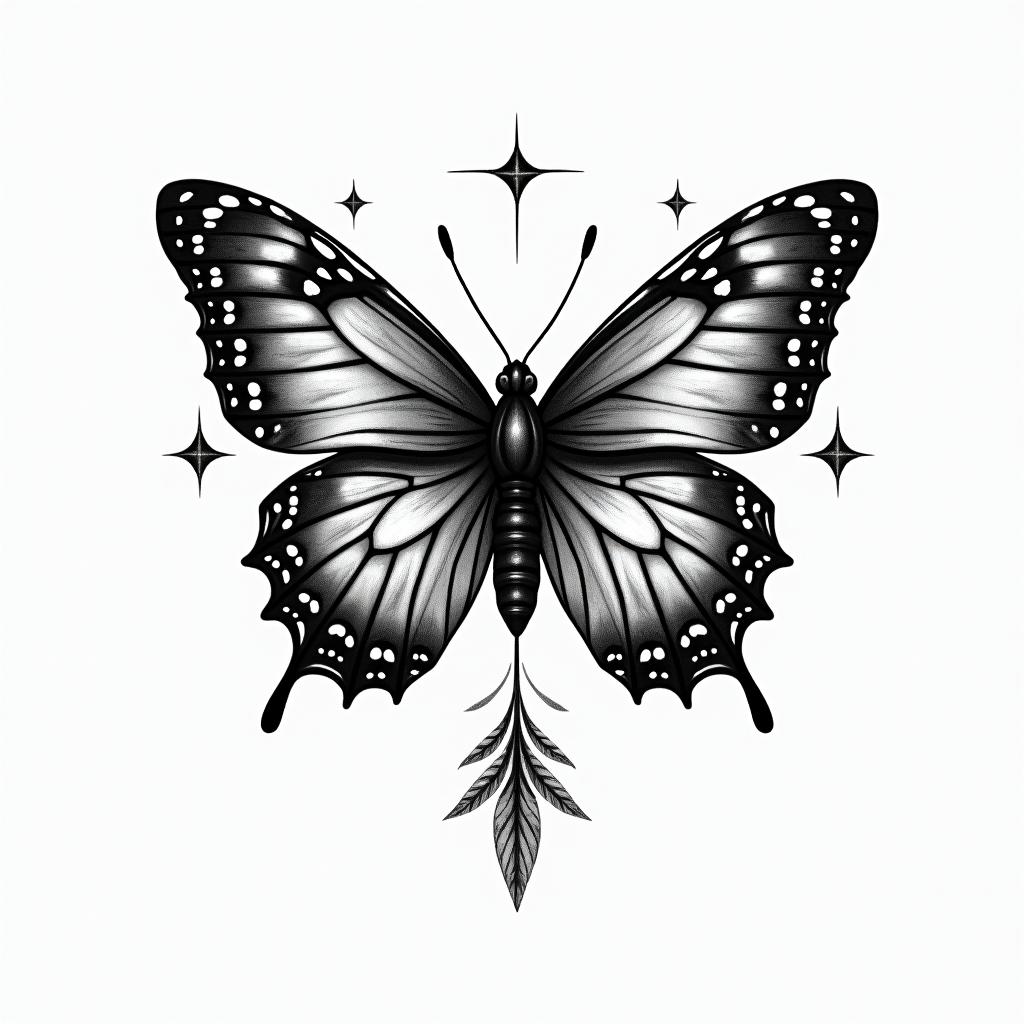 Blume Schmetterling Sonnein bohemian style tattoo, 8k - Variation 2