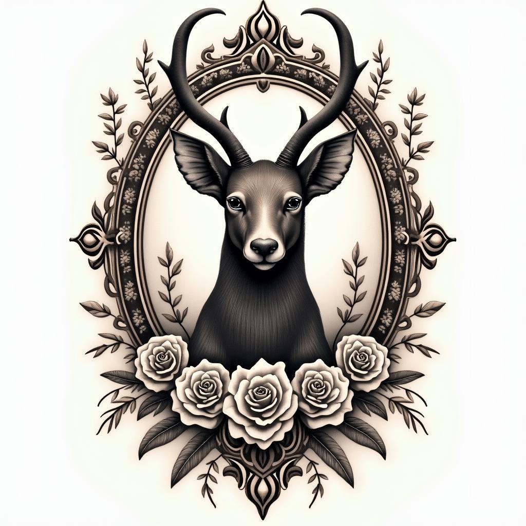 Anubis embracing Anput with the number 27 02 1995in victorian style tattoo, featuring vintage and elegant elements, ornate frames, roses, antique, sepia-toned color scheme