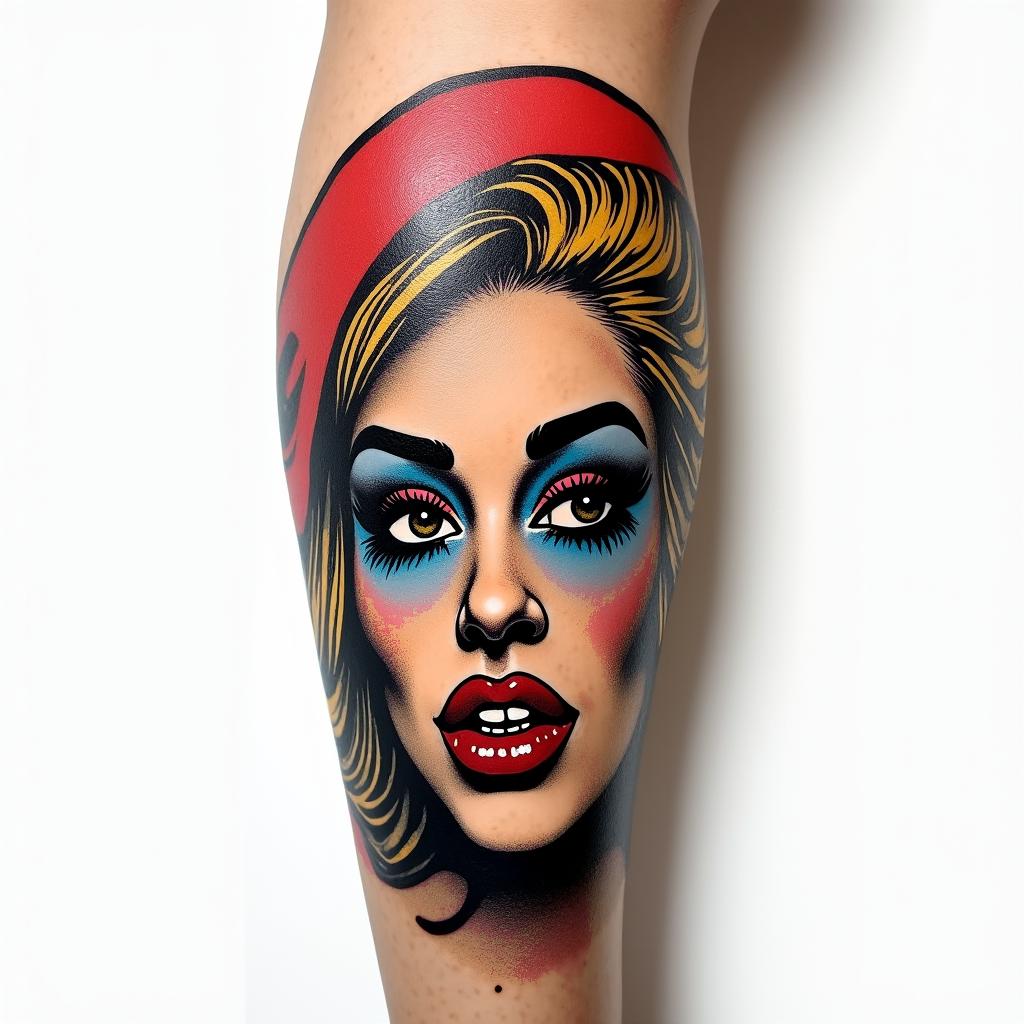 My name is BETE RENAUD, Use my name. Allude to modernity and God. It’s a tattoo on the calf.in pop art style tattoo, featuring bold and vibrant colors, exaggerated outlines, iconic imagery, inspired by comic books and speech bubbles, comic book characters, retro pop culture - Variation 3