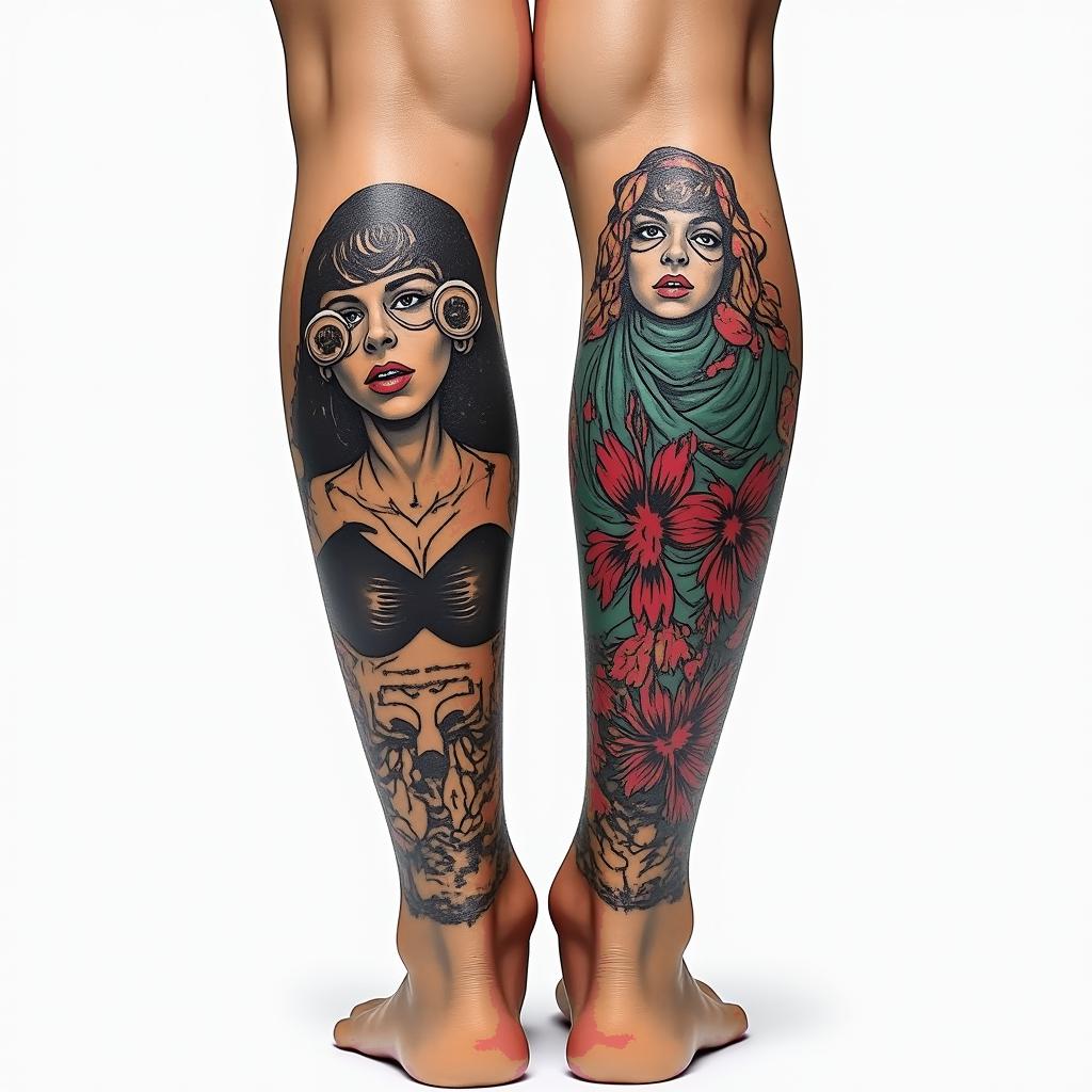 My name is BETE RENAUD, Use my name. Allude to modernity and God. It’s a tattoo on the calf.in pop art style tattoo, featuring bold and vibrant colors, exaggerated outlines, iconic imagery, inspired by comic books and speech bubbles, comic book characters, retro pop culture - Variation 2