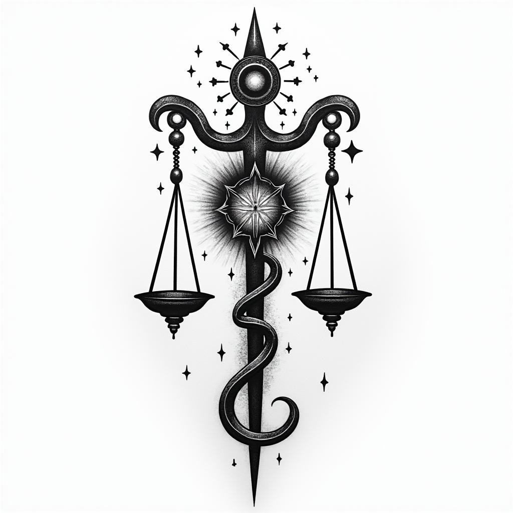 Libra sign with the constellation of Libra, only in black.higly detailed tattoo