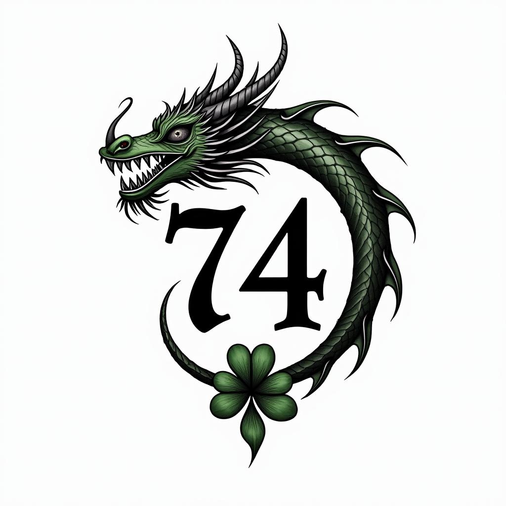 The number 74 within a shamrock within a Welsh dragontext-based tattoo, gothic font ultra-realistic, perfectly placed, high-quality font design, photo-realistic shading, 8k, high quality, finely detailed typography - Variation 2