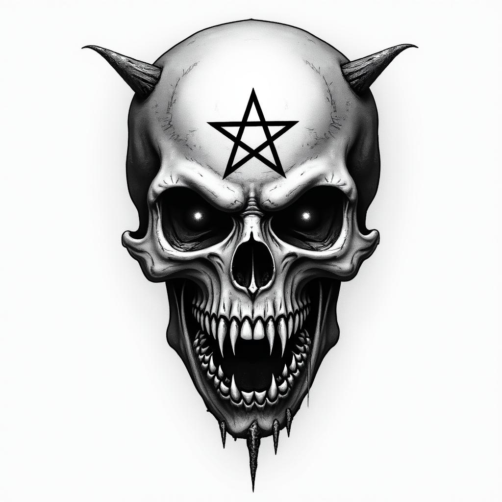 Forgotten gravecreepy horror tattoo style, featuring an eerie and unsettling skull of a demonic creature, distorted face with sharp fangs, add pentagram symbol - Variation 3