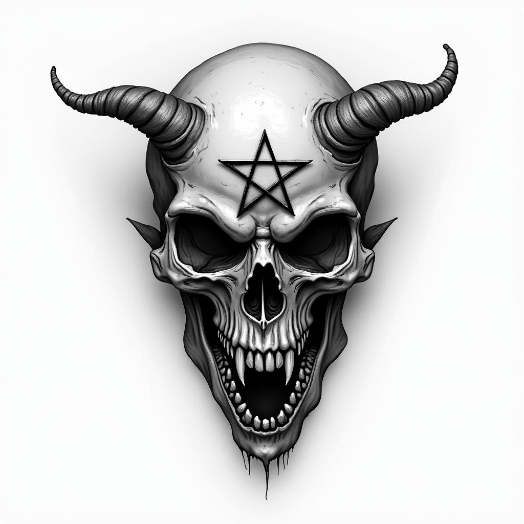 Forgotten gravecreepy horror tattoo style, featuring an eerie and unsettling skull of a demonic creature, distorted face with sharp fangs, add pentagram symbol - Variation 2