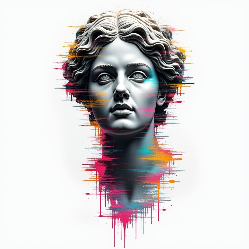 Astrologyin distorted and fragmented tattoo design, featuring a classical statue bust, in a glitch art style with vibrant, overlapping colors of cyan, magenta, and yellow, creating a digital distortion effect - Variation 2