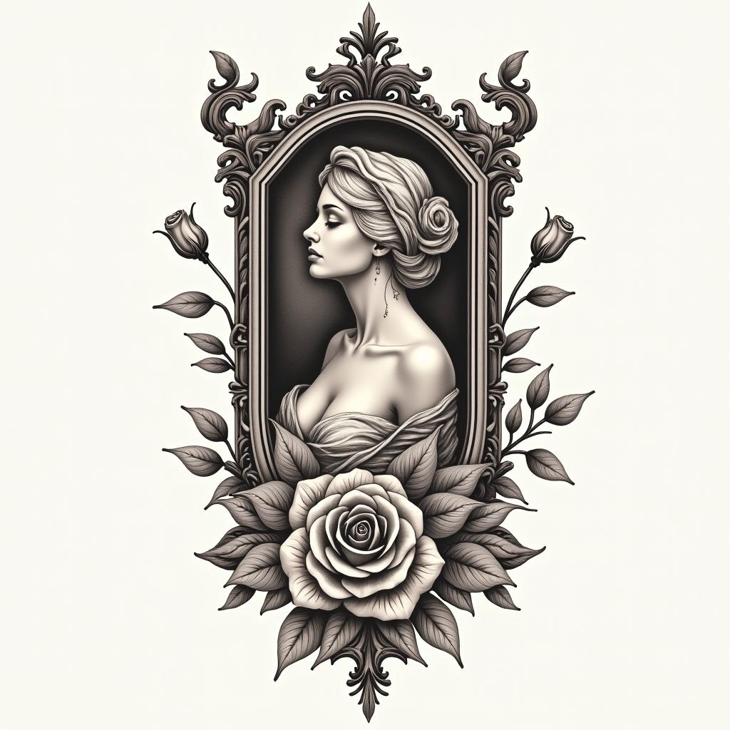 My name is BETE RENAUD. Use my name. Allude to modernity and God. It's a tattoo on the calf.in victorian style tattoo, featuring vintage and elegant elements, ornate frames, roses, antique, sepia-toned color scheme - Variation 3