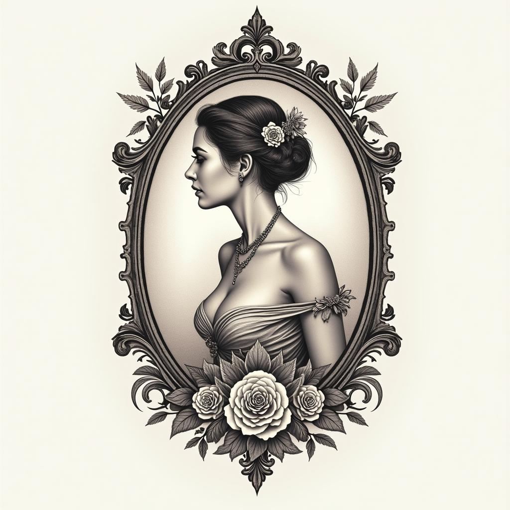 My name is BETE RENAUD. Use my name. Allude to modernity and God. It's a tattoo on the calf.in victorian style tattoo, featuring vintage and elegant elements, ornate frames, roses, antique, sepia-toned color scheme - Variation 4