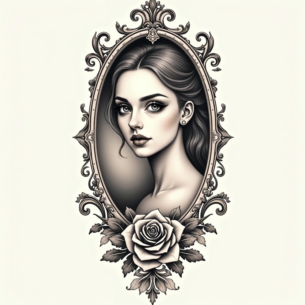 My name is BETE RENAUD. Use my name. Allude to modernity and God. It's a tattoo on the calf.in victorian style tattoo, featuring vintage and elegant elements, ornate frames, roses, antique, sepia-toned color scheme - Variation 2