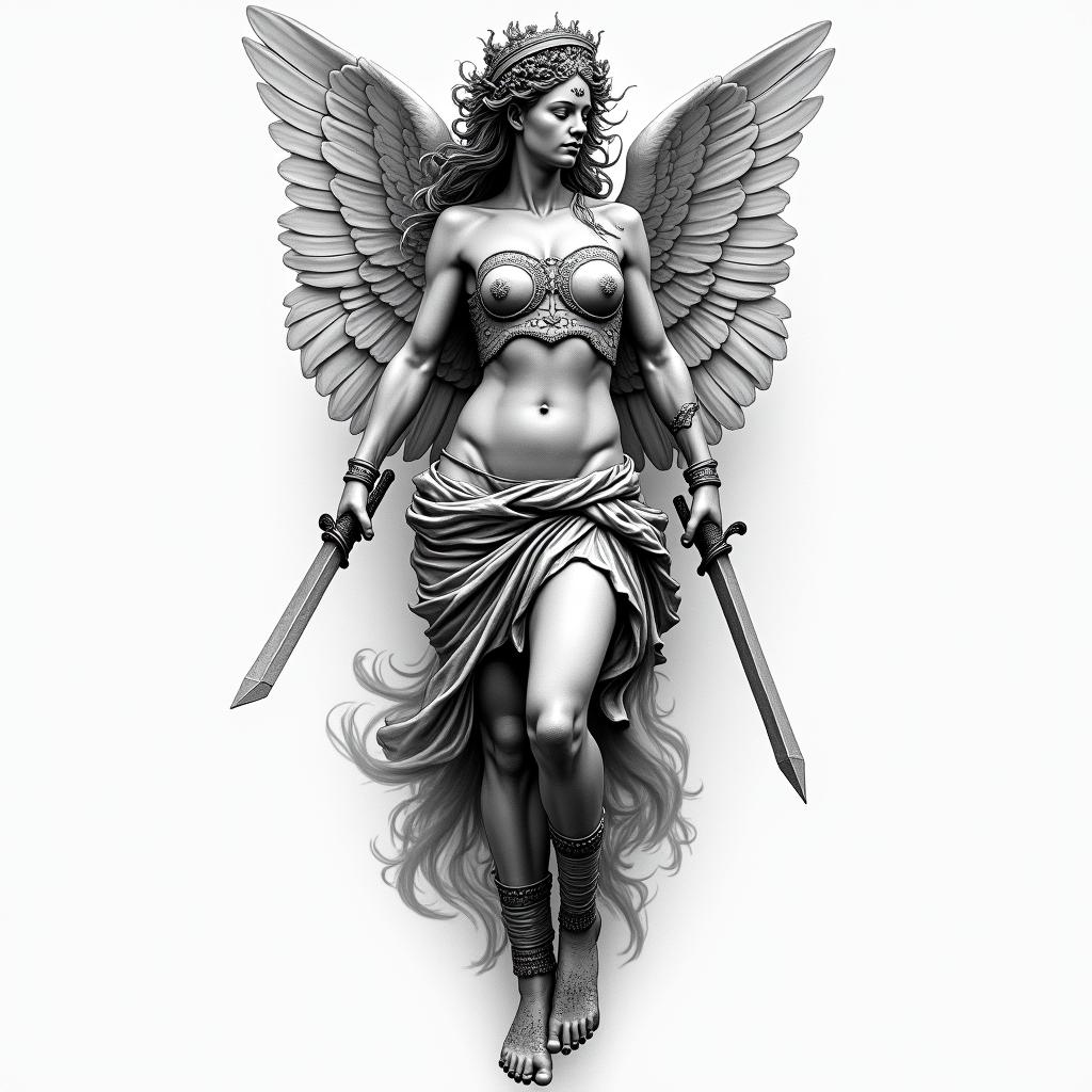 Athena, the goddess of war, firehigly detailed tattoo - Variation 6