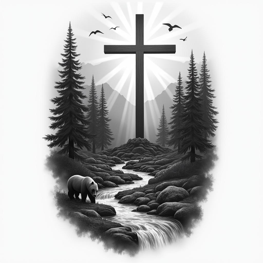 A realistic half-sleeve tattoo depicting a large cross surrounded by beams of light. Behind the cross, a detailed scenery of the Appalachian Mountains with a stream of water flowing down from the peaks. Near the stream, a bear is present, and flying birds are scattered throughout the sky. The design features a shaded yet dark atmosphere and includes space to incorporate the Bible verse John 4:13-14 seamlessly within the natural elements.higly detailed tattoo - Variation 4