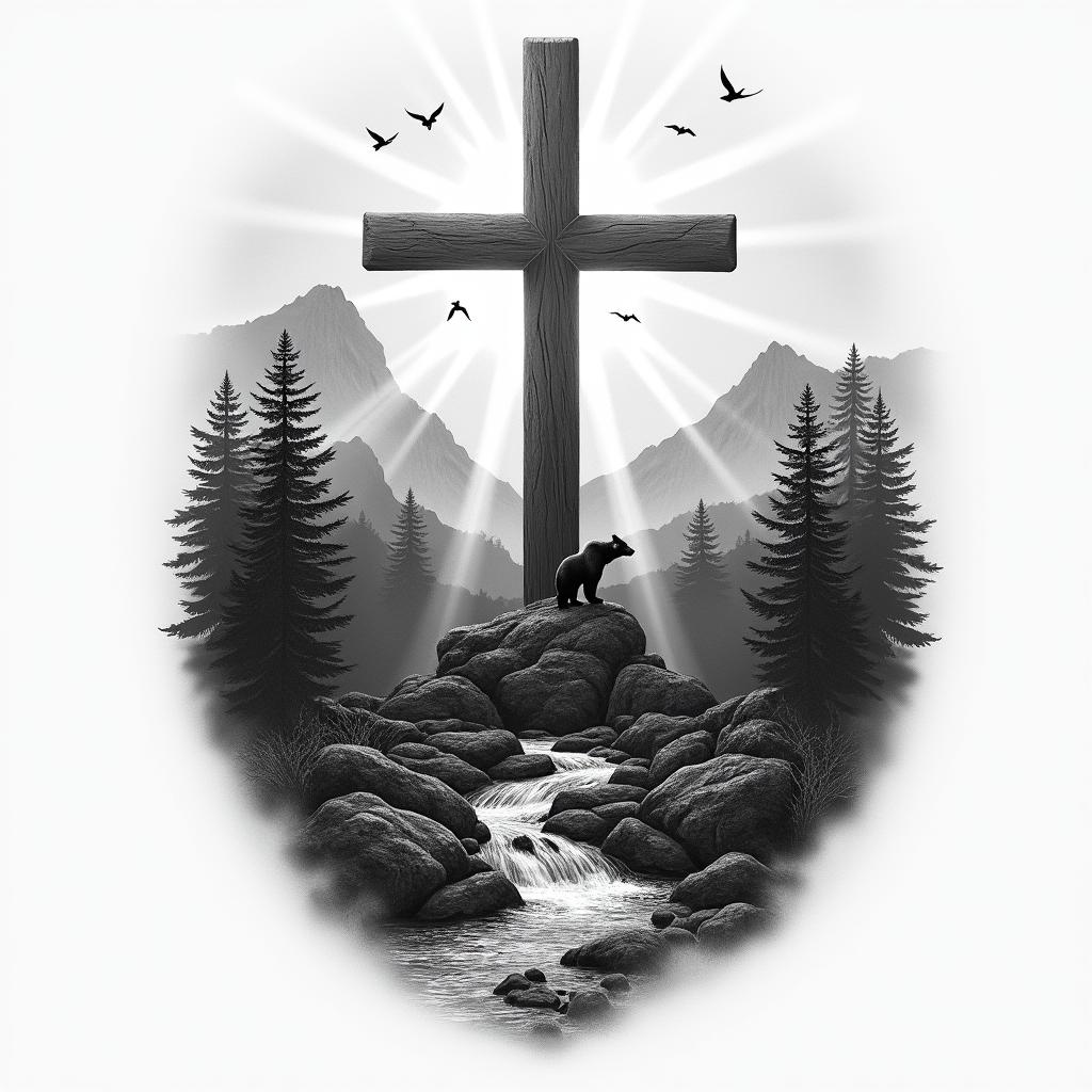 A realistic half-sleeve tattoo depicting a large cross surrounded by beams of light. Behind the cross, a detailed scenery of the Appalachian Mountains with a stream of water flowing down from the peaks. Near the stream, a bear is present, and flying birds are scattered throughout the sky. The design features a shaded yet dark atmosphere and includes space to incorporate the Bible verse John 4:13-14 seamlessly within the natural elements.higly detailed tattoo - Variation 3