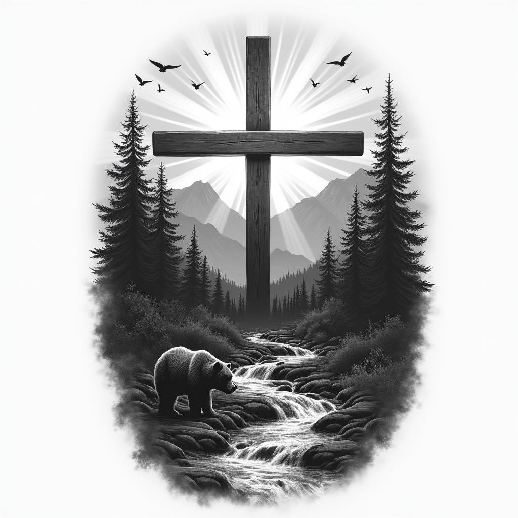 A realistic half-sleeve tattoo depicting a large cross surrounded by beams of light. Behind the cross, a detailed scenery of the Appalachian Mountains with a stream of water flowing down from the peaks. Near the stream, a bear is present, and flying birds are scattered throughout the sky. The design features a shaded yet dark atmosphere and includes space to incorporate the Bible verse John 4:13-14 seamlessly within the natural elements.higly detailed tattoo - Variation 2
