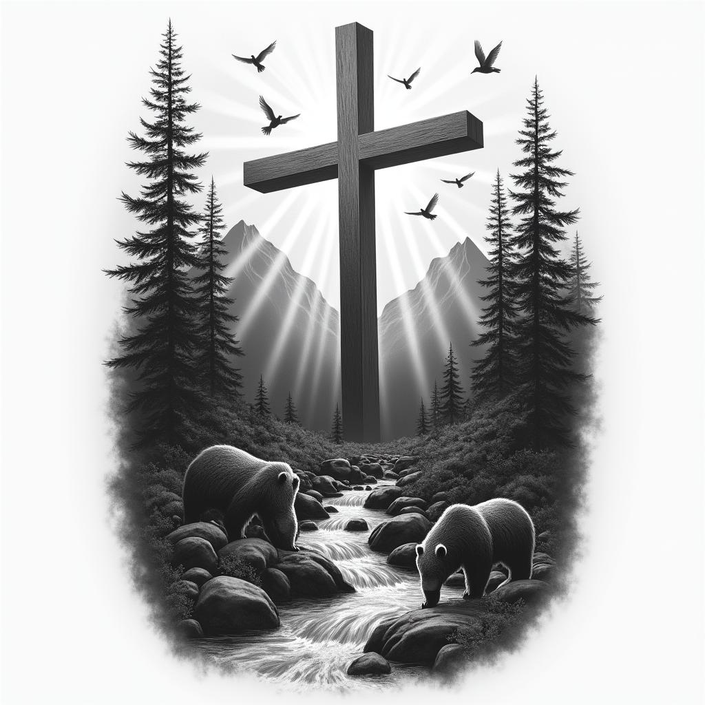 A realistic half-sleeve tattoo depicting a large cross surrounded by beams of light. Behind the cross, a detailed scenery of the Appalachian Mountains with a stream of water flowing down from the peaks. Near the stream, a bear is present, and flying birds are scattered throughout the sky. The design features a shaded yet dark atmosphere and includes space to incorporate the Bible verse John 4:13-14 seamlessly within the natural elements.higly detailed tattoo