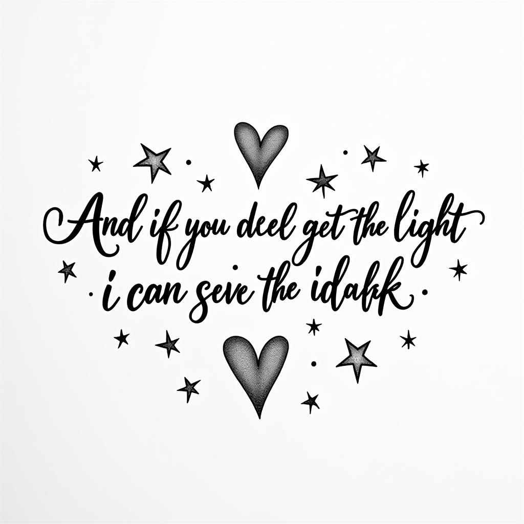 Elegant cursive tattoo featuring the lyrics "And if you get lost in the light it’s okay, I can see in the dark" with the word "love" integrated into the design, surrounded by delicate stars, emphasizing guidance and affection.higly detailed tattoo - Variation 4