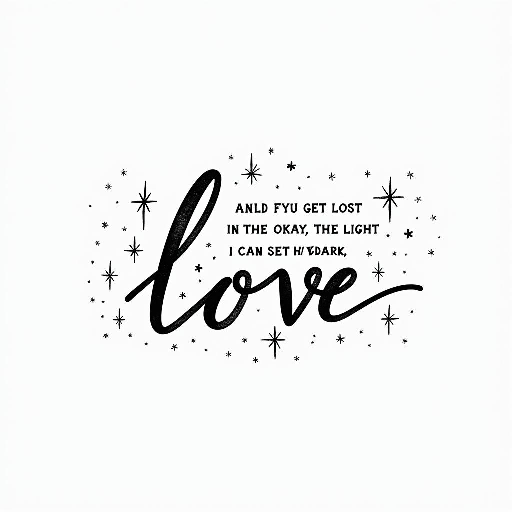 Elegant cursive tattoo featuring the lyrics "And if you get lost in the light it’s okay, I can see in the dark" with the word "love" integrated into the design, surrounded by delicate stars, emphasizing guidance and affection.higly detailed tattoo