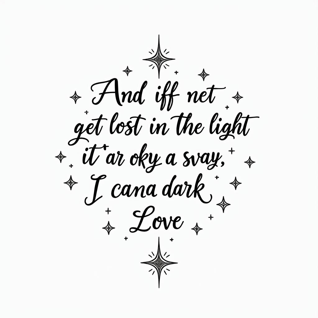 Elegant cursive tattoo featuring the lyrics "And if you get lost in the light it’s okay, I can see in the dark" with the word "love" integrated into the design, surrounded by delicate stars, emphasizing guidance and affection.higly detailed tattoo - Variation 3