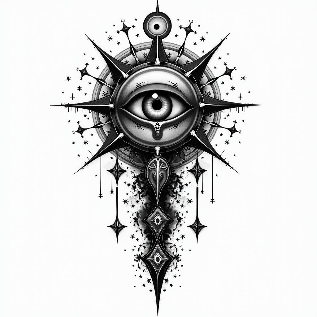 Black powerin prophecy tattoo style, featuring mystical symbols, celestial imagery like stars, moons, suns, geometric patterns, foretelling elements, an eye of wisdom - Variation 2