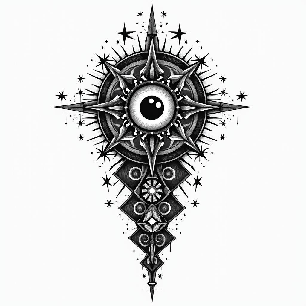 Black powerin prophecy tattoo style, featuring mystical symbols, celestial imagery like stars, moons, suns, geometric patterns, foretelling elements, an eye of wisdom - Variation 3
