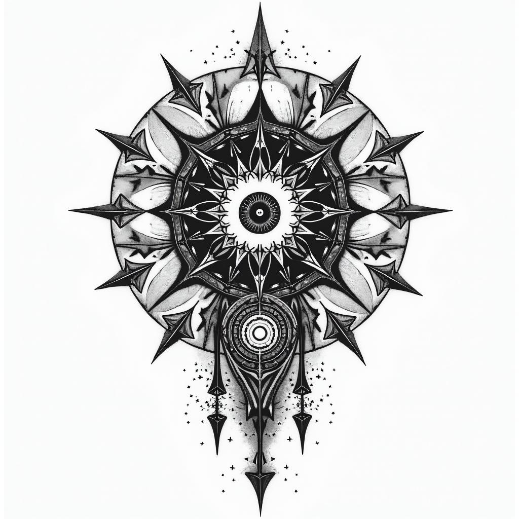 Black powerin prophecy tattoo style, featuring mystical symbols, celestial imagery like stars, moons, suns, geometric patterns, foretelling elements, an eye of wisdom