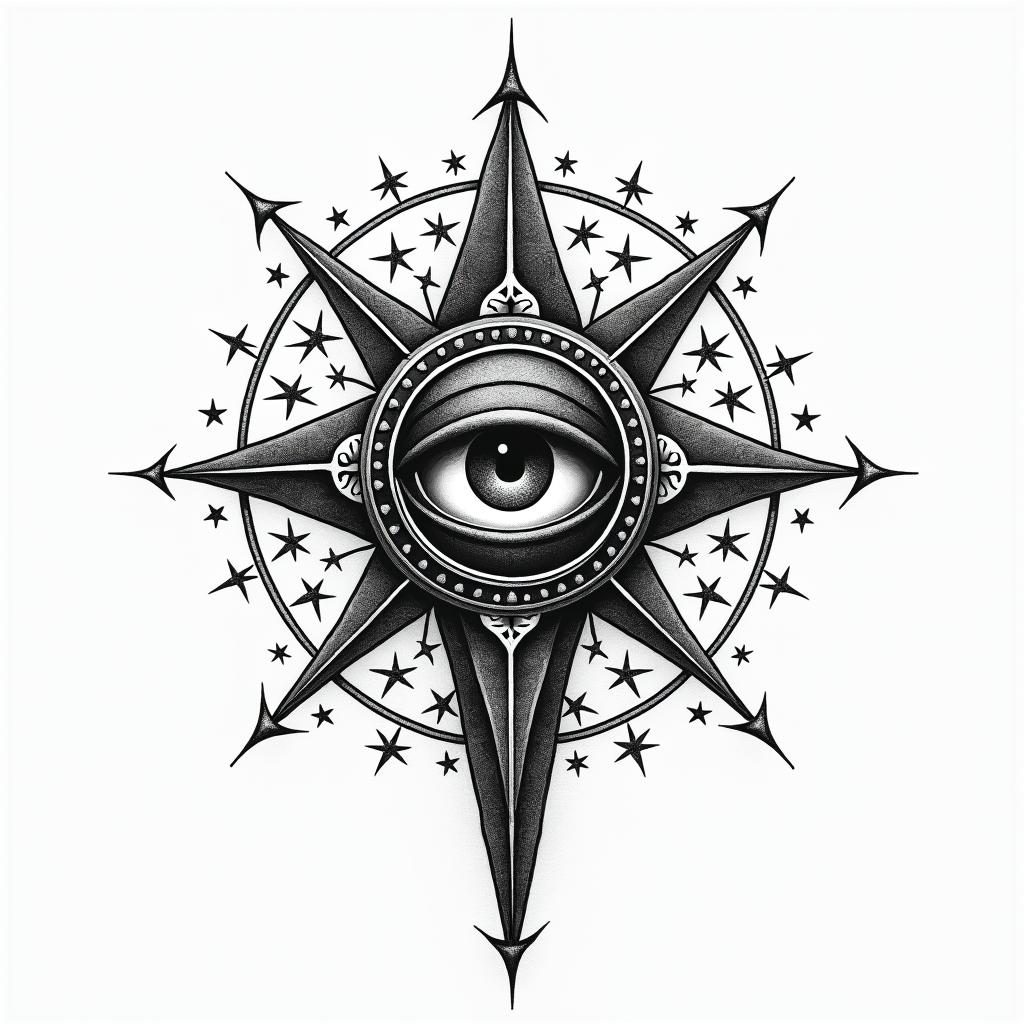 Black powerin prophecy tattoo style, featuring mystical symbols, celestial imagery like stars, moons, suns, geometric patterns, foretelling elements, an eye of wisdom - Variation 4