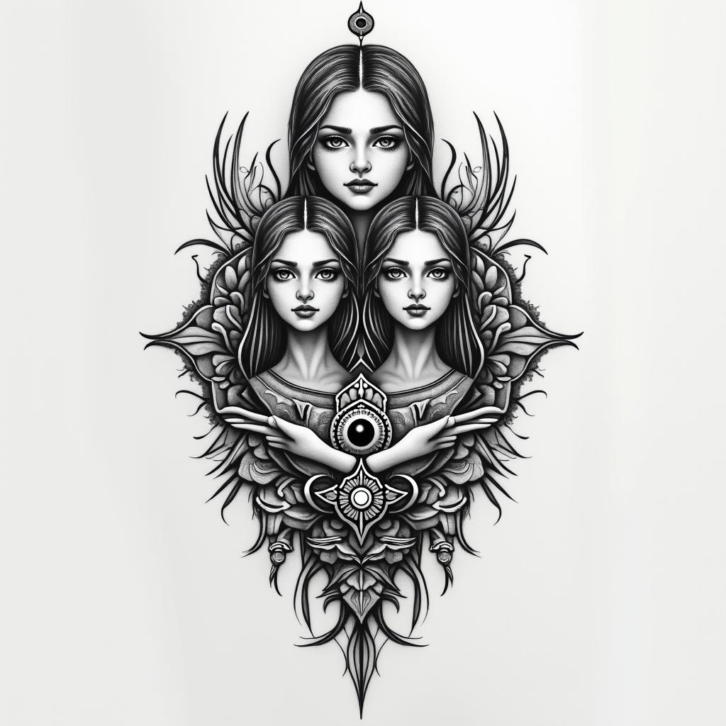 I want to create a tattoo of my family, my father,mother and two sisters on armin spiritual symbols tattoo style, featuring an intricate design incorporating elements, Hamsa hand, third eye, minimalist composition - Variation 3