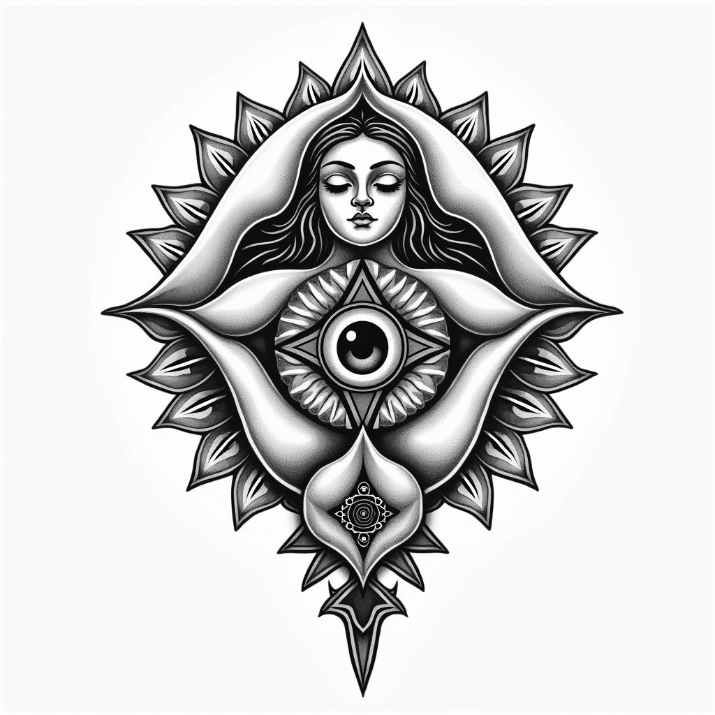 I want to create a tattoo of my family, my father,mother and two sisters on armin spiritual symbols tattoo style, featuring an intricate design incorporating elements, Hamsa hand, third eye, minimalist composition