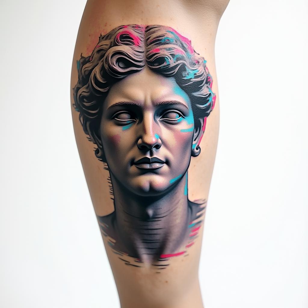 My name is BETE RENAUD, Use my name. Allude to modernity and God. It's a tattoo on the calf.in distorted and fragmented tattoo design, featuring a classical statue bust, in a glitch art style with vibrant, overlapping colors of cyan, magenta, and yellow, creating a digital distortion effect - Variation 3