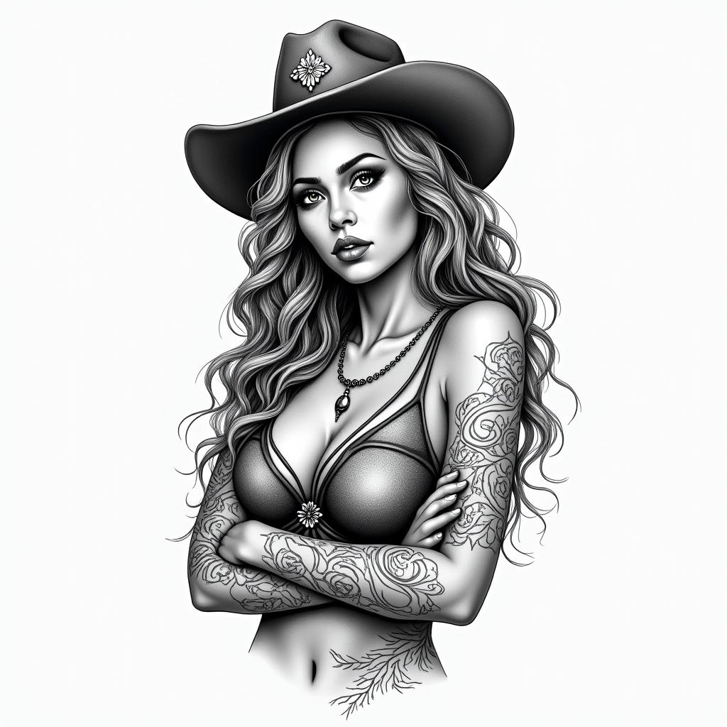 I would like a tattoo with the Roman number 15 and the normal number 22, and next to it I would like something that refers to Beyonce, like something cowboy-like.in authentic tattoo style, incorporating traditional modifications, bold black outlines, solid color fills, featuring classic authentic elements - Variation 4