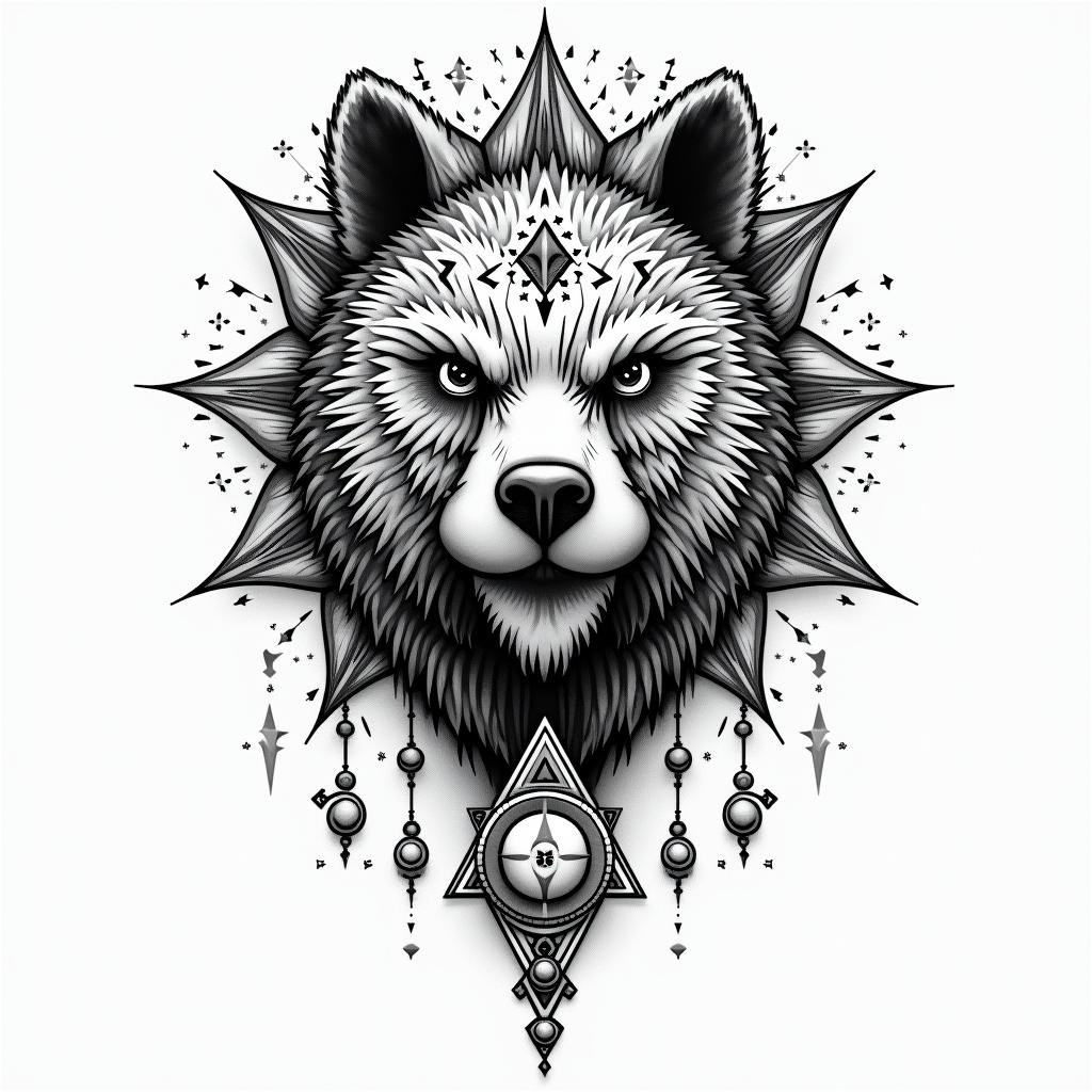 Kaw bear music headin prophecy tattoo style, featuring mystical symbols, celestial imagery like stars, moons, suns, geometric patterns, foretelling elements, an eye of wisdom - Variation 2