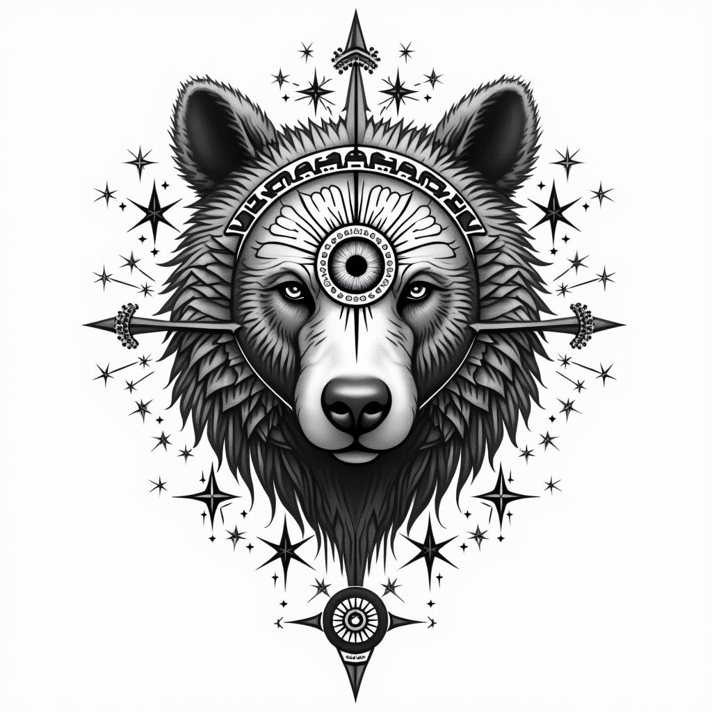 Kaw bear music headin prophecy tattoo style, featuring mystical symbols, celestial imagery like stars, moons, suns, geometric patterns, foretelling elements, an eye of wisdom - Variation 3