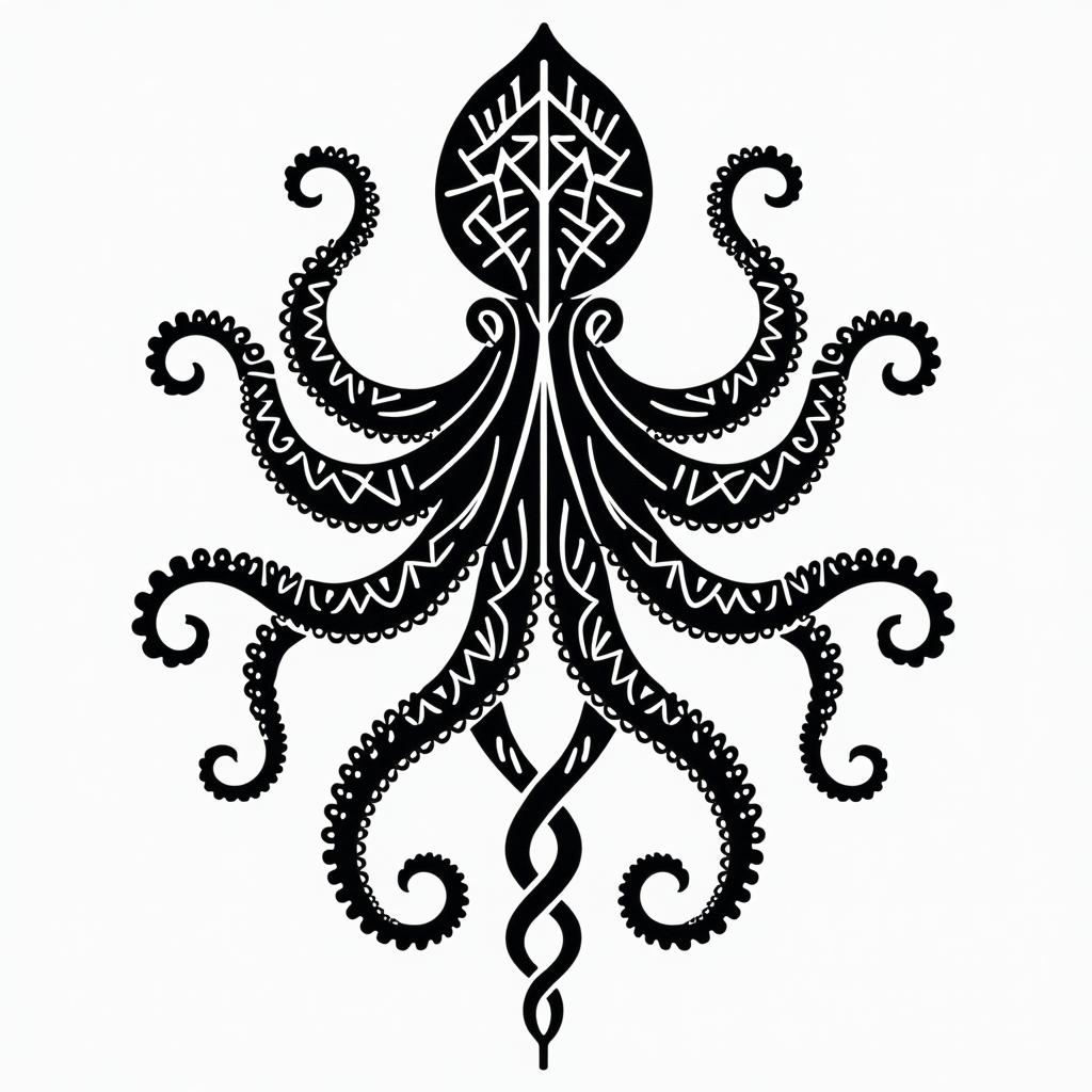 Octopusin tribal tattoo style, featuring bold and black geometric shapes, curved lines, intertwine and flow seamlessly, creating a powerful and symbolic design, polynesian and maori styles - Variation 3