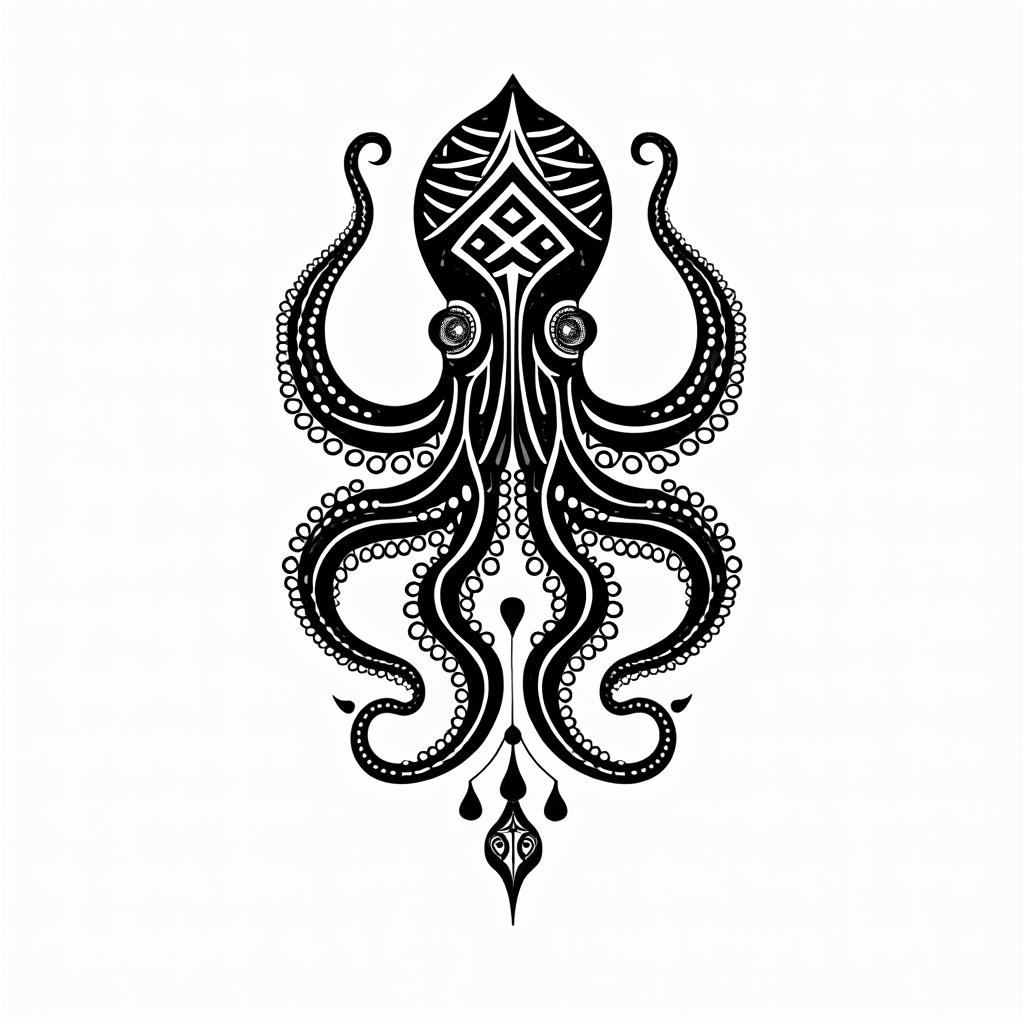 Octopusin tribal tattoo style, featuring bold and black geometric shapes, curved lines, intertwine and flow seamlessly, creating a powerful and symbolic design, polynesian and maori styles - Variation 4