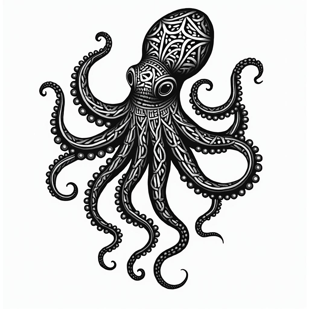 Octopusin tribal tattoo style, featuring bold and black geometric shapes, curved lines, intertwine and flow seamlessly, creating a powerful and symbolic design, polynesian and maori styles - Variation 2
