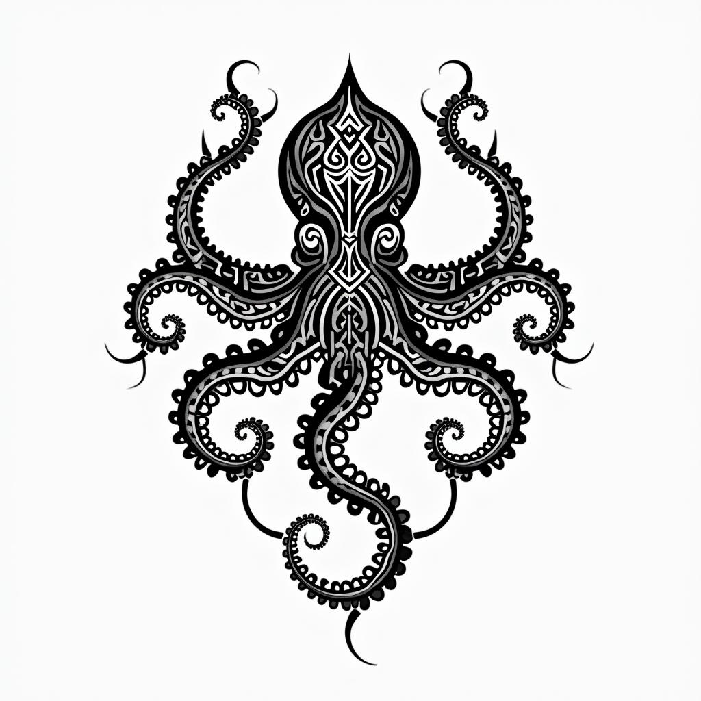 Octopusin tribal tattoo style, featuring bold and black geometric shapes, curved lines, intertwine and flow seamlessly, creating a powerful and symbolic design, polynesian and maori styles