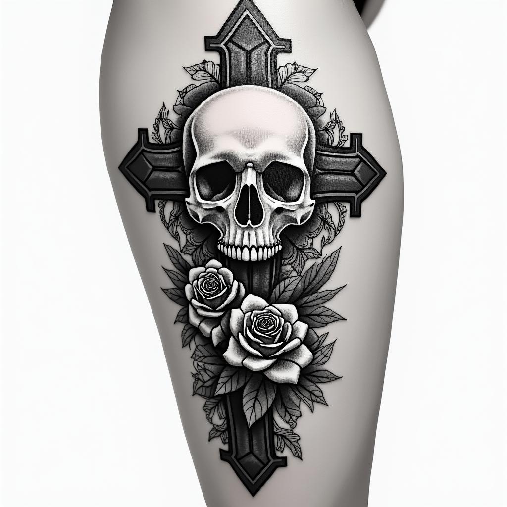 My name is BETE RENAUD. Use my name. Allude to modernity and God. It's a tattoo on my calf.in chicano style tattoo, featuring intricate black and grey shading, bold elements of traditional chicano culture symbols, add a big cross with skull, chains and roses