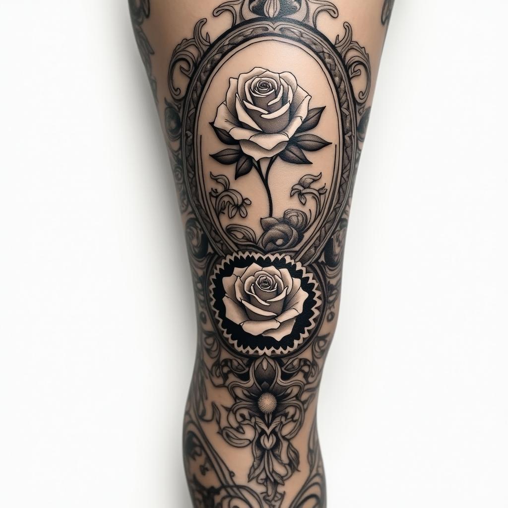 My name is BETE RENAUD, Use my name. Allude to modernity and God. It's a tattoo on the calf.in victorian style tattoo, featuring vintage and elegant elements, ornate frames, roses, antique, sepia-toned color scheme - Variation 4