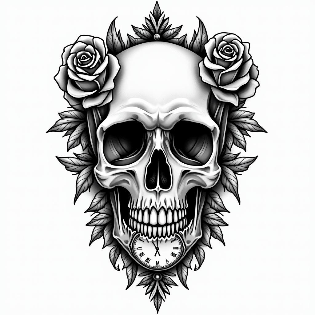 Skull with roses and clock elementsin authentic tattoo style, incorporating traditional modifications, bold black outlines, solid color fills, featuring classic authentic elements