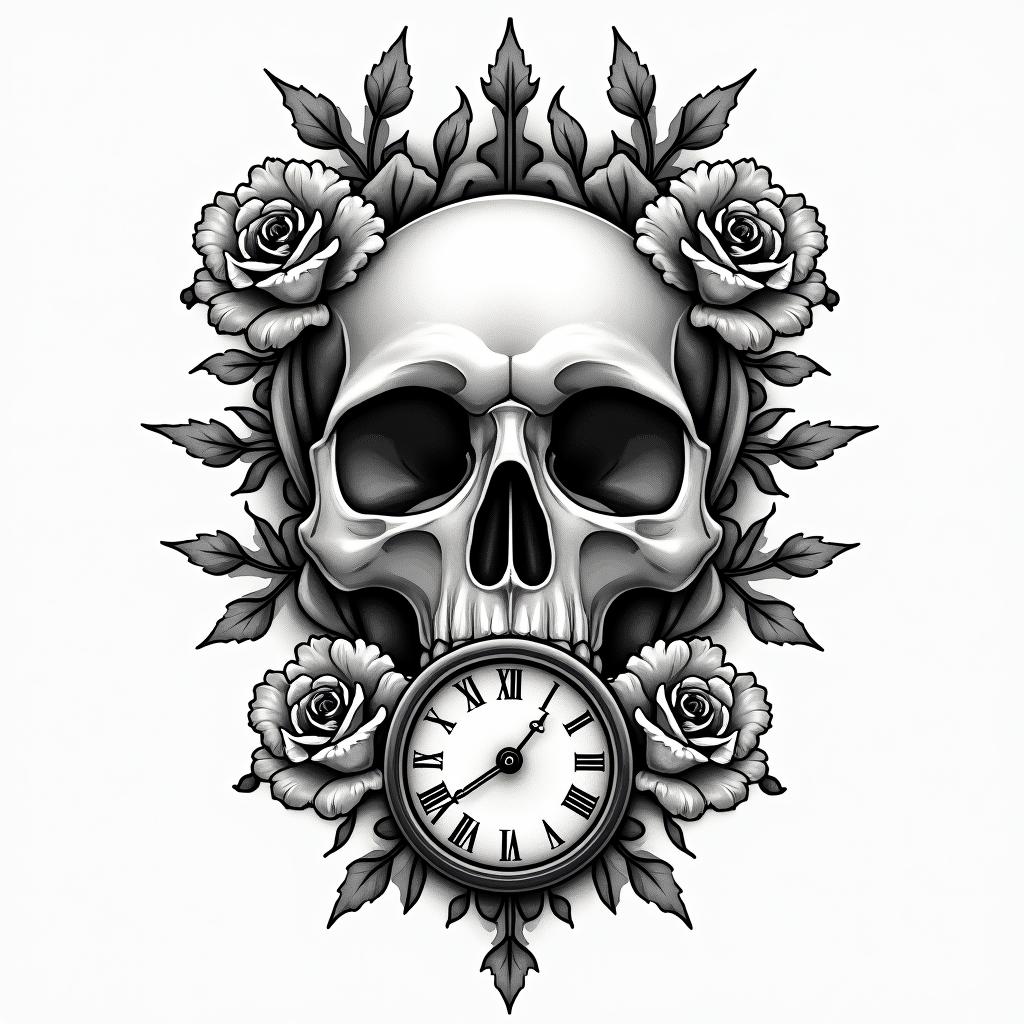 Skull with roses and clock elementsin authentic tattoo style, incorporating traditional modifications, bold black outlines, solid color fills, featuring classic authentic elements - Variation 4