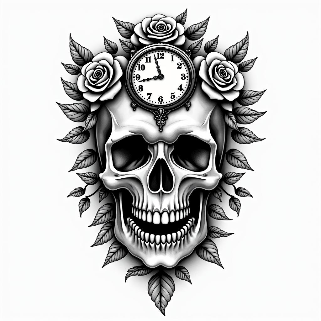 Skull with roses and clock elementsin authentic tattoo style, incorporating traditional modifications, bold black outlines, solid color fills, featuring classic authentic elements - Variation 3
