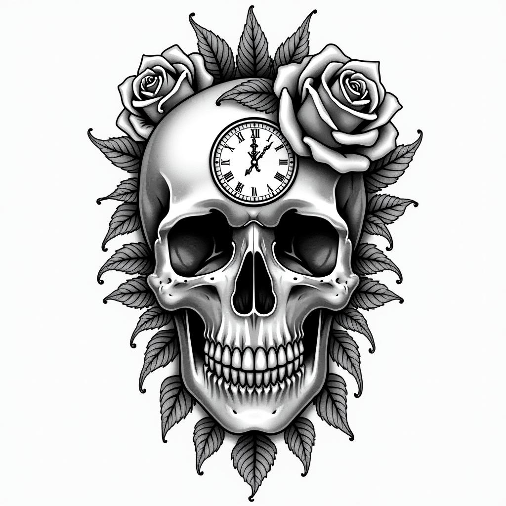Skull with roses and clock elementsin authentic tattoo style, incorporating traditional modifications, bold black outlines, solid color fills, featuring classic authentic elements - Variation 2