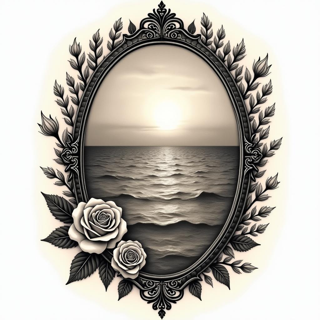 Sea and sunsetin victorian style tattoo, featuring vintage and elegant elements, ornate frames, roses, antique, sepia-toned color scheme - Variation 1